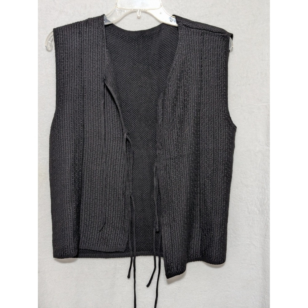 Vintage Black Knit Tie Front Vest Sleeveless Textured Cardigan Boho Women